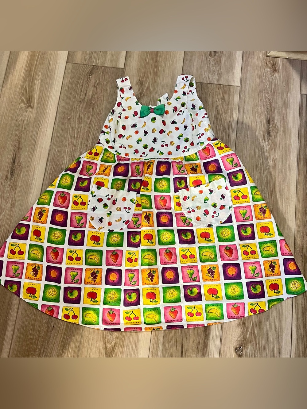Vintage Chicken Noodle Dress – Size 6X – Fruit Print Pocket Dress 🍓🍒